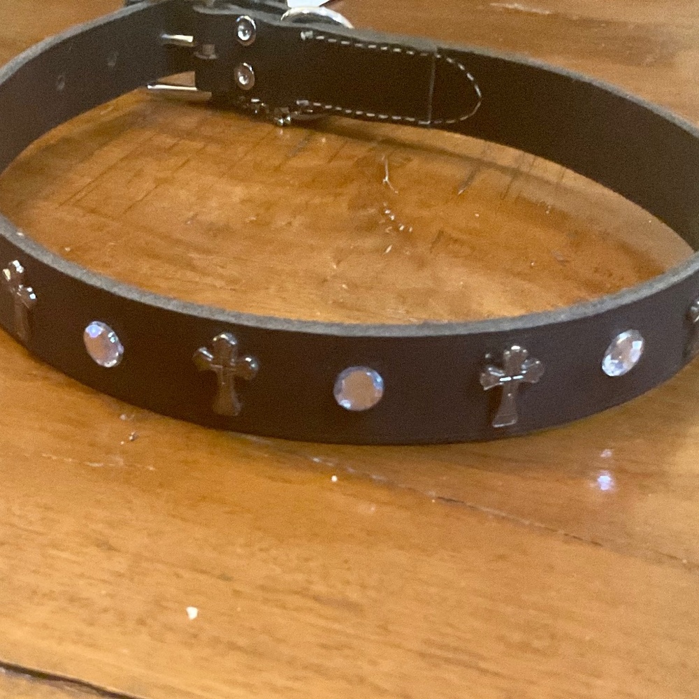 Custom Dog Collar Quality Leather Black 25” with Crosses & Rhinestones